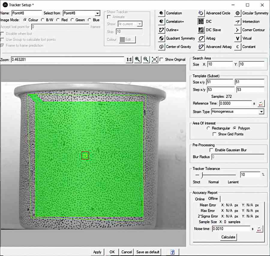 Screenshot from TEMA Stereo DIC showing the Area of Interest in green.