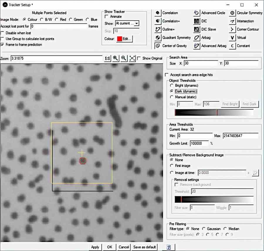 Screenshot from TEMA Stereo DIC Tracker Setup. Control Point selection and search area definition.